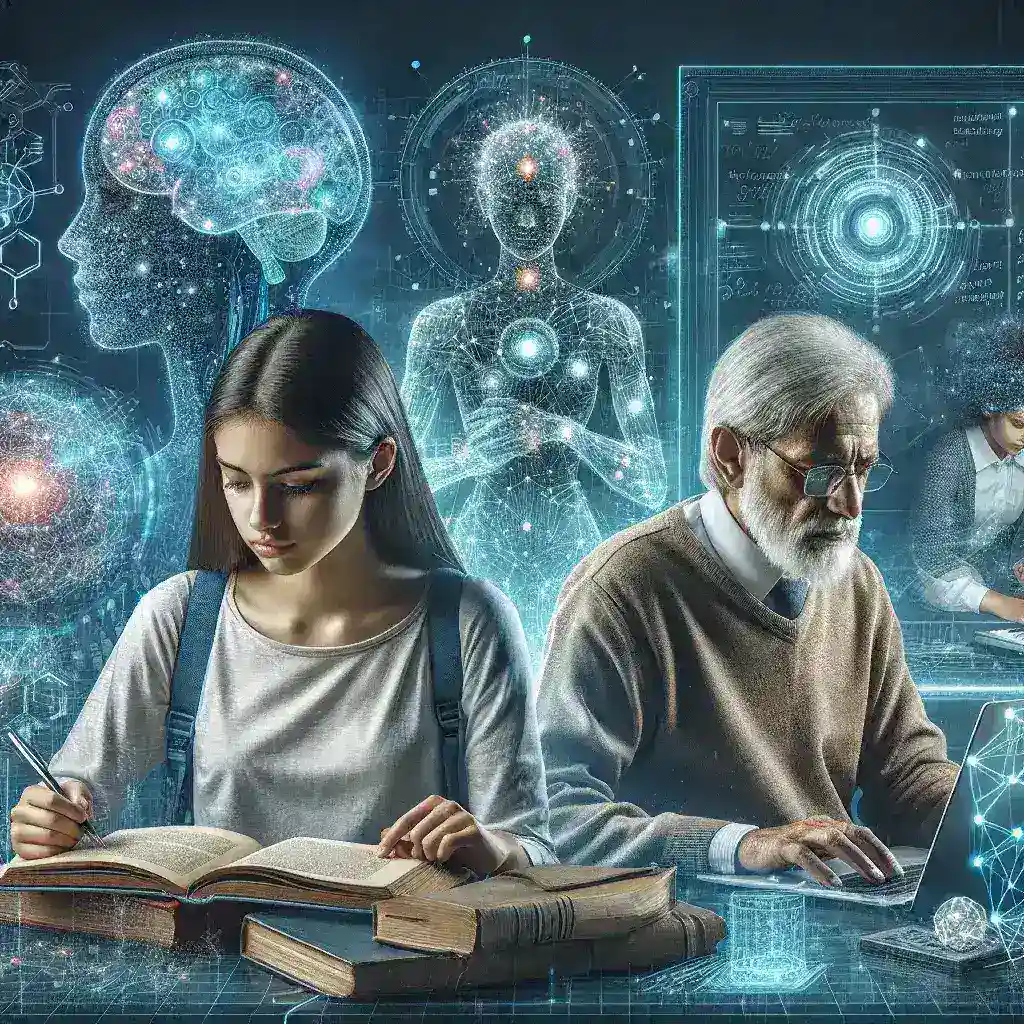 "Estudantes e pesquisadores utilizando inteligência artificial em um ambiente acadêmico, destacando ferramentas tecnológicas para otimizar o aprendizado e a pesquisa."